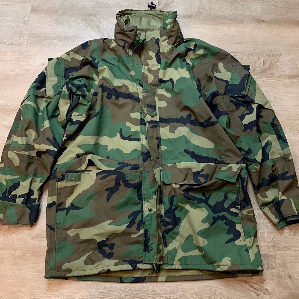 US Military Camouflage Full Zip Hooded Parka Jacket Long Large L Camo Goretex
